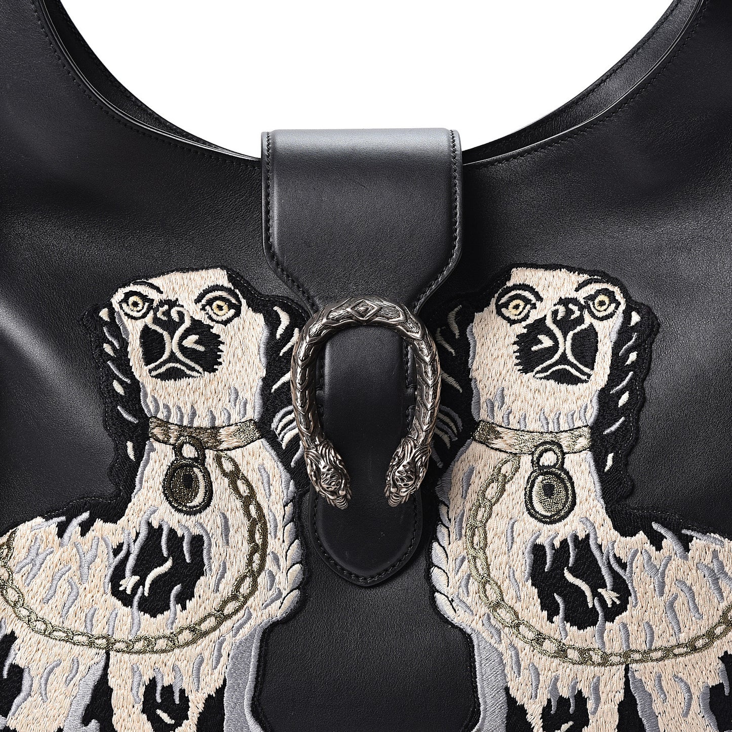 Calfskin Web Dog Embroidered Large Dionysus Hobo Black