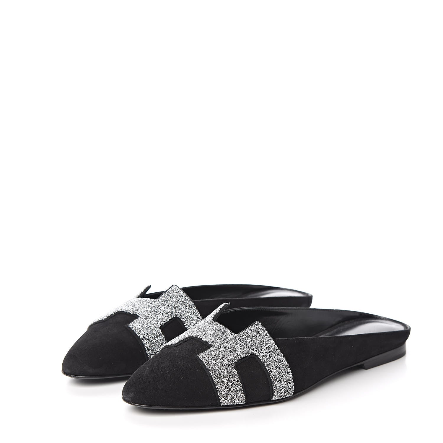 Hermes Suede Goatskin Crystal Roxane Mules 38 Gris Argente Black 3 of 8