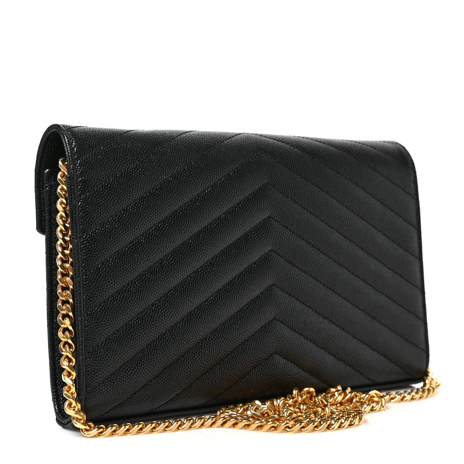 Saint Laurent Grain De Poudre Matelasse Chevron Monogram Chain Wallet Black 3 of 8