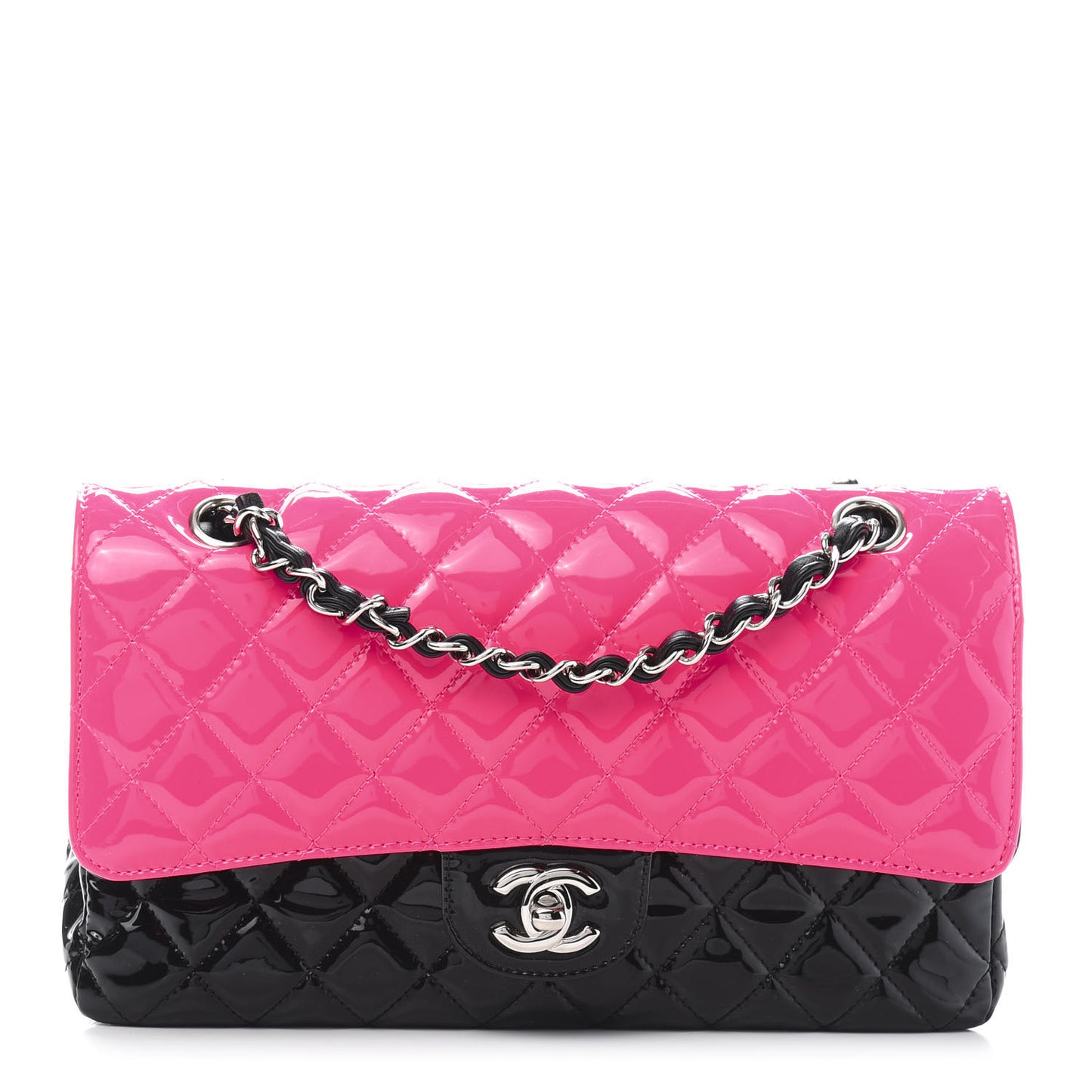Patent Calfskin Quilted Bi-Color Medium Double Flap Pink Black