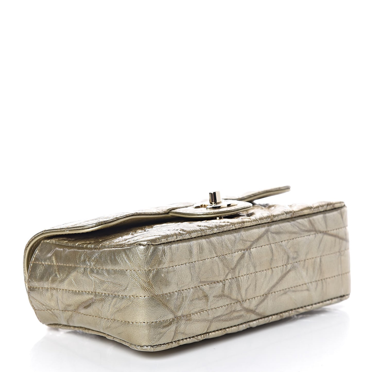 Patent Metallic Crumpled Calfskin Chevron Quilted Mini Rectangular Flap Gold