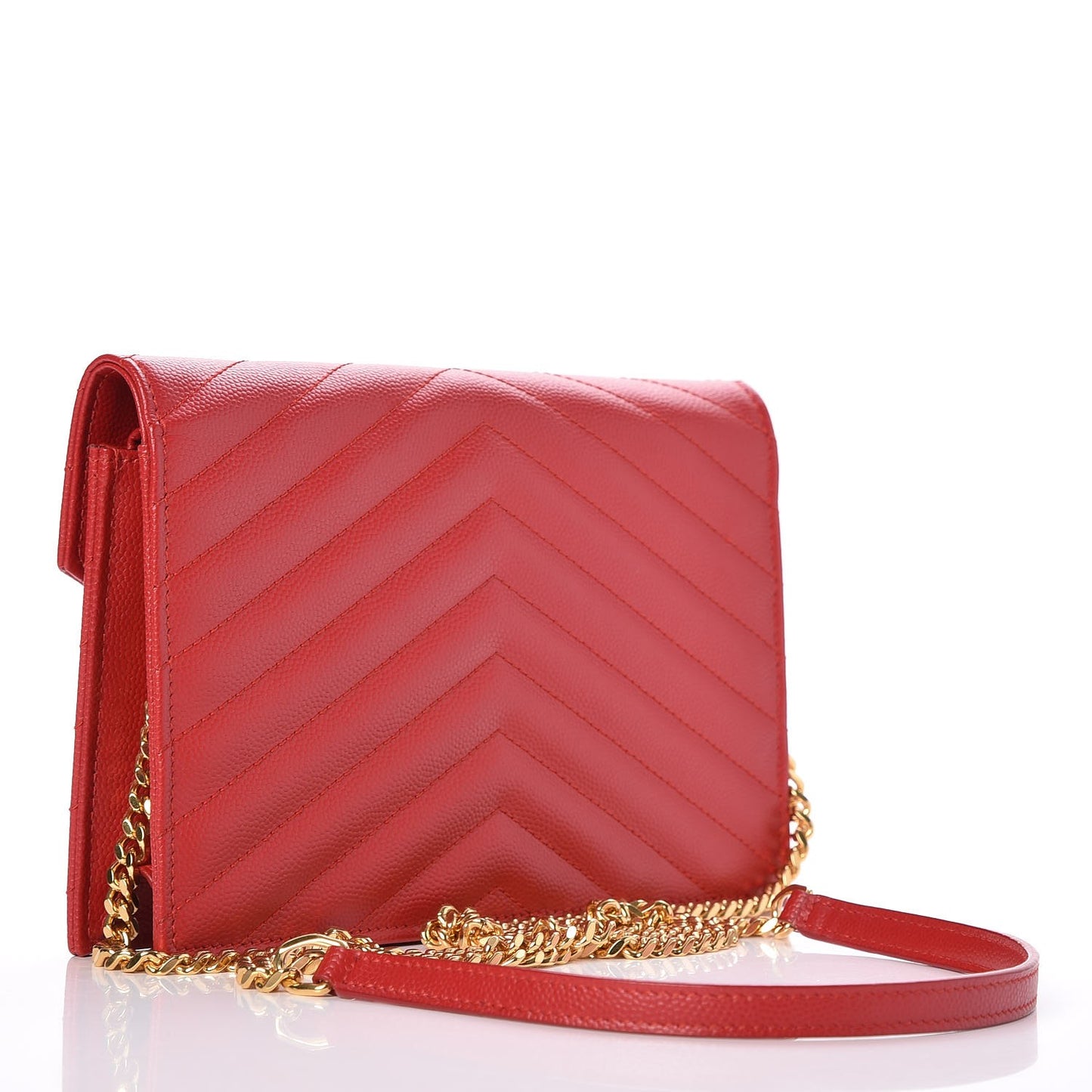 Grain De Poudre Matelasse Chevron Monogram Envelope Chain Wallet New Red