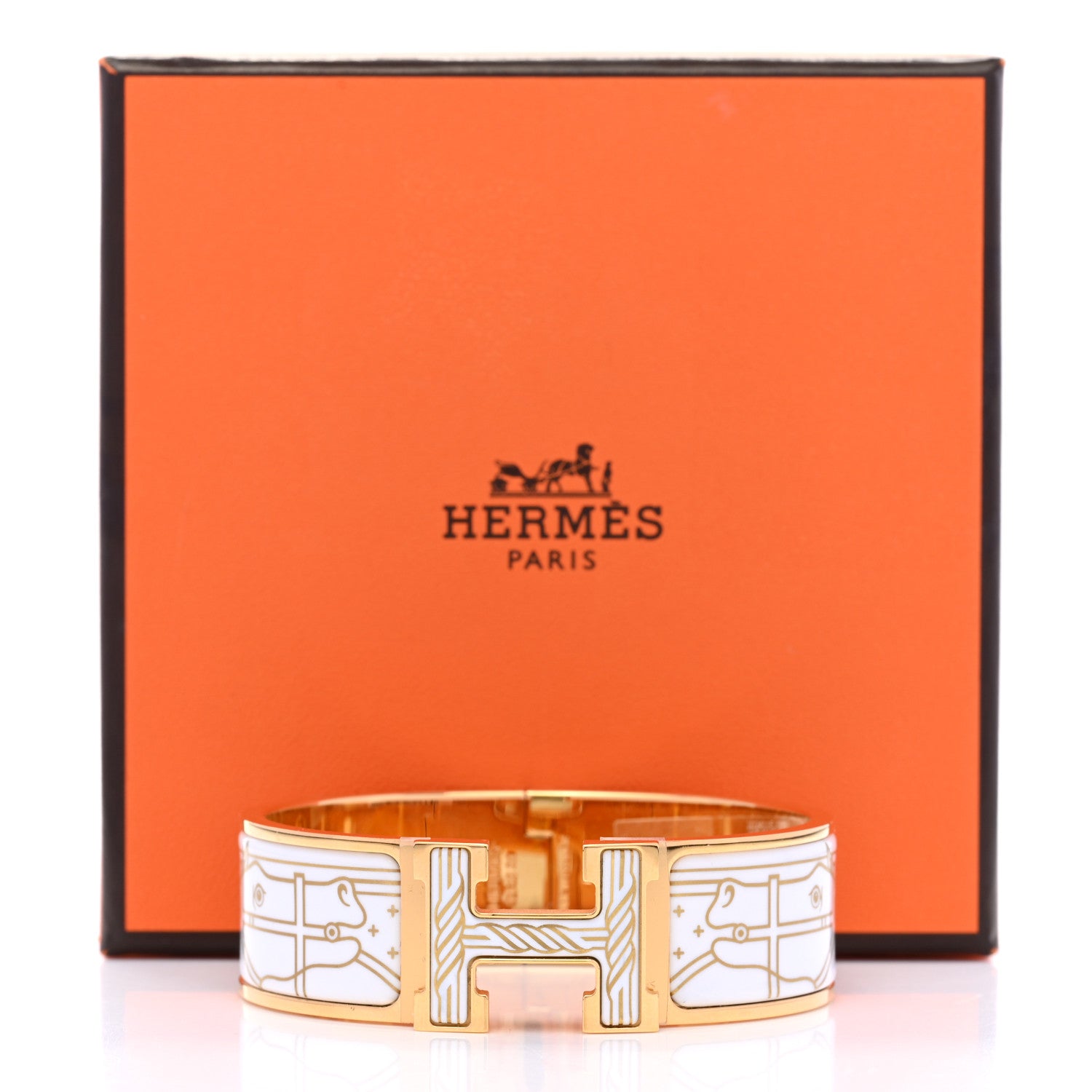Hermes Enamel Printed Quadrige Au Fil Wide Clic Clac H Bracelet PM Or White 5 of 5