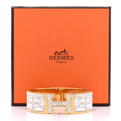 Hermes Enamel Printed Quadrige Au Fil Wide Clic Clac H Bracelet PM Or White 5 of 5