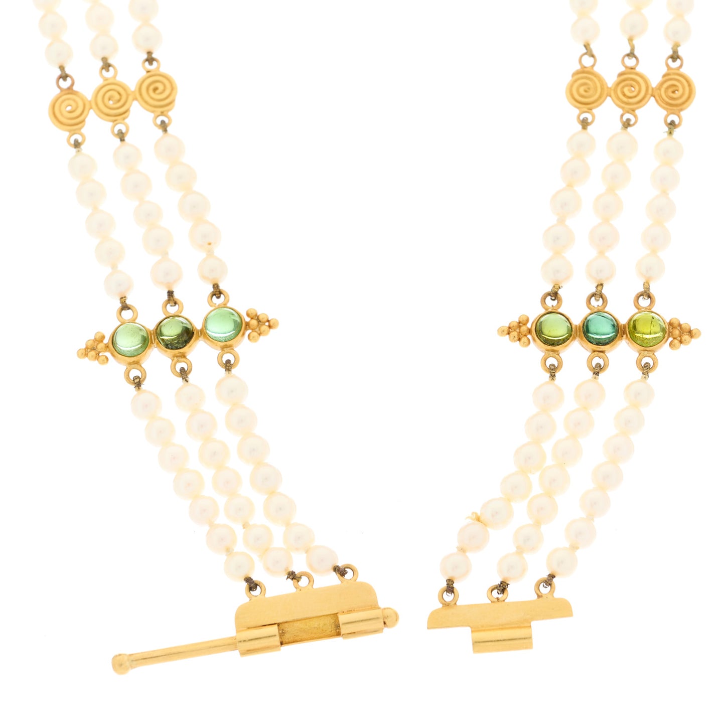 22K Yellow Gold Pearl Green Tourmaline 3 Strand Choker Necklace