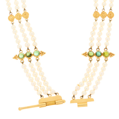 Temple St. Clair 22K Yellow Gold Pearl Green Tourmaline 3 Strand Choker Necklace 4 of 5
