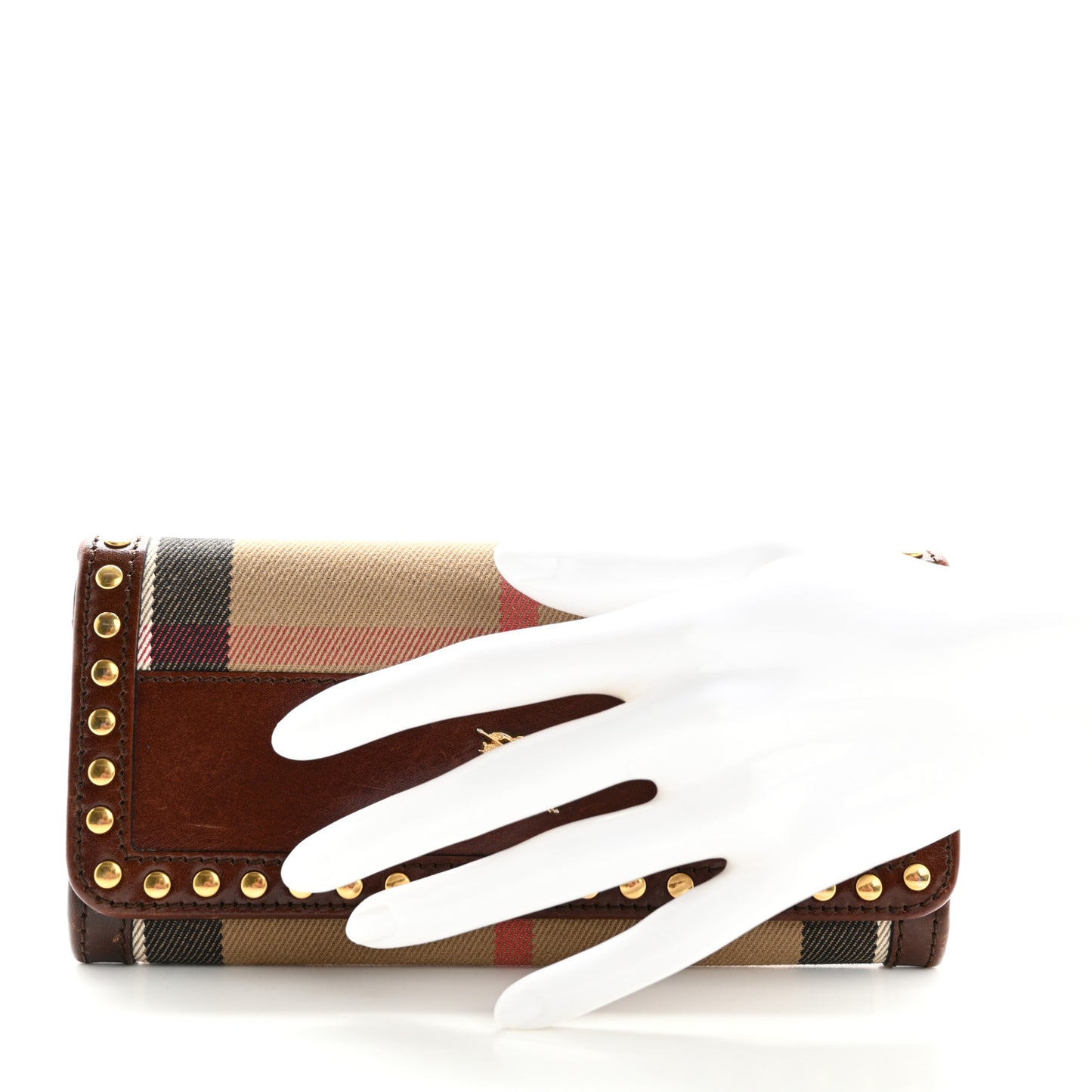 Calfskin House Check Studded Wallet Dark Tan