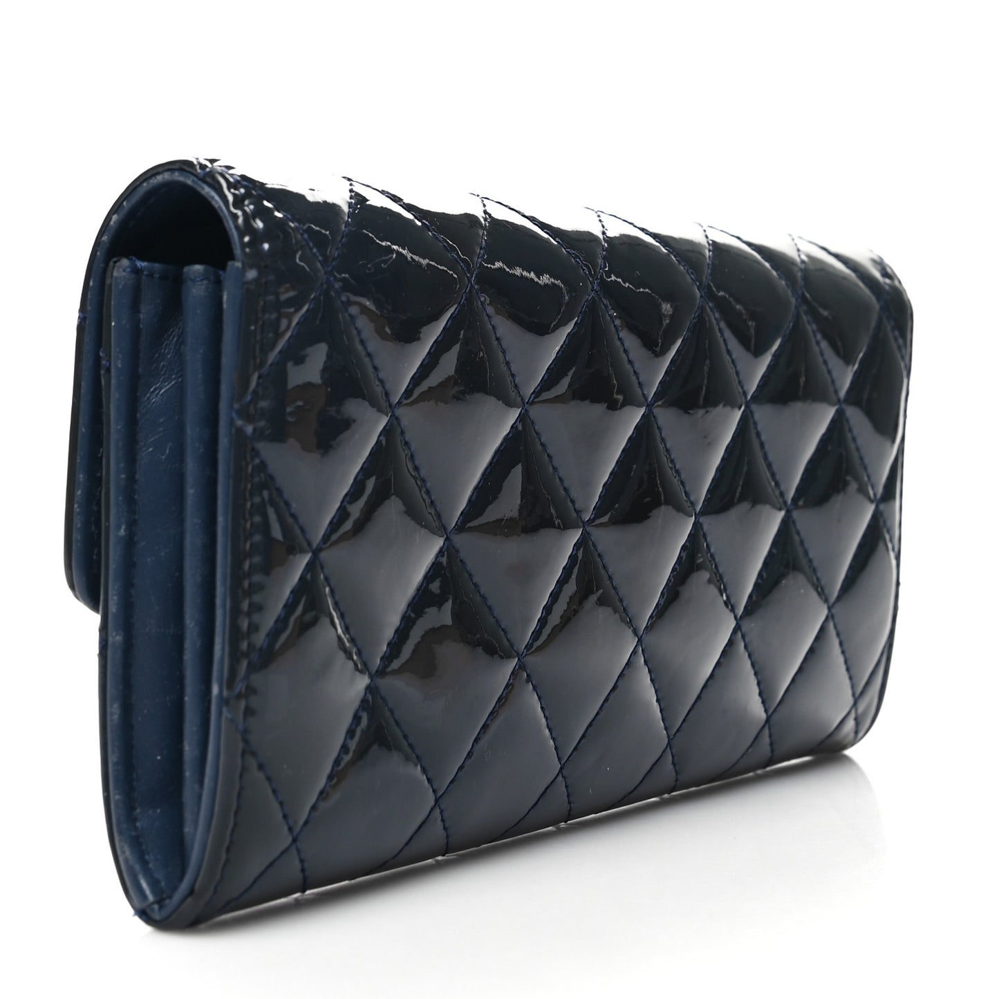 Patent Quilted Large Flap Wallet Navy