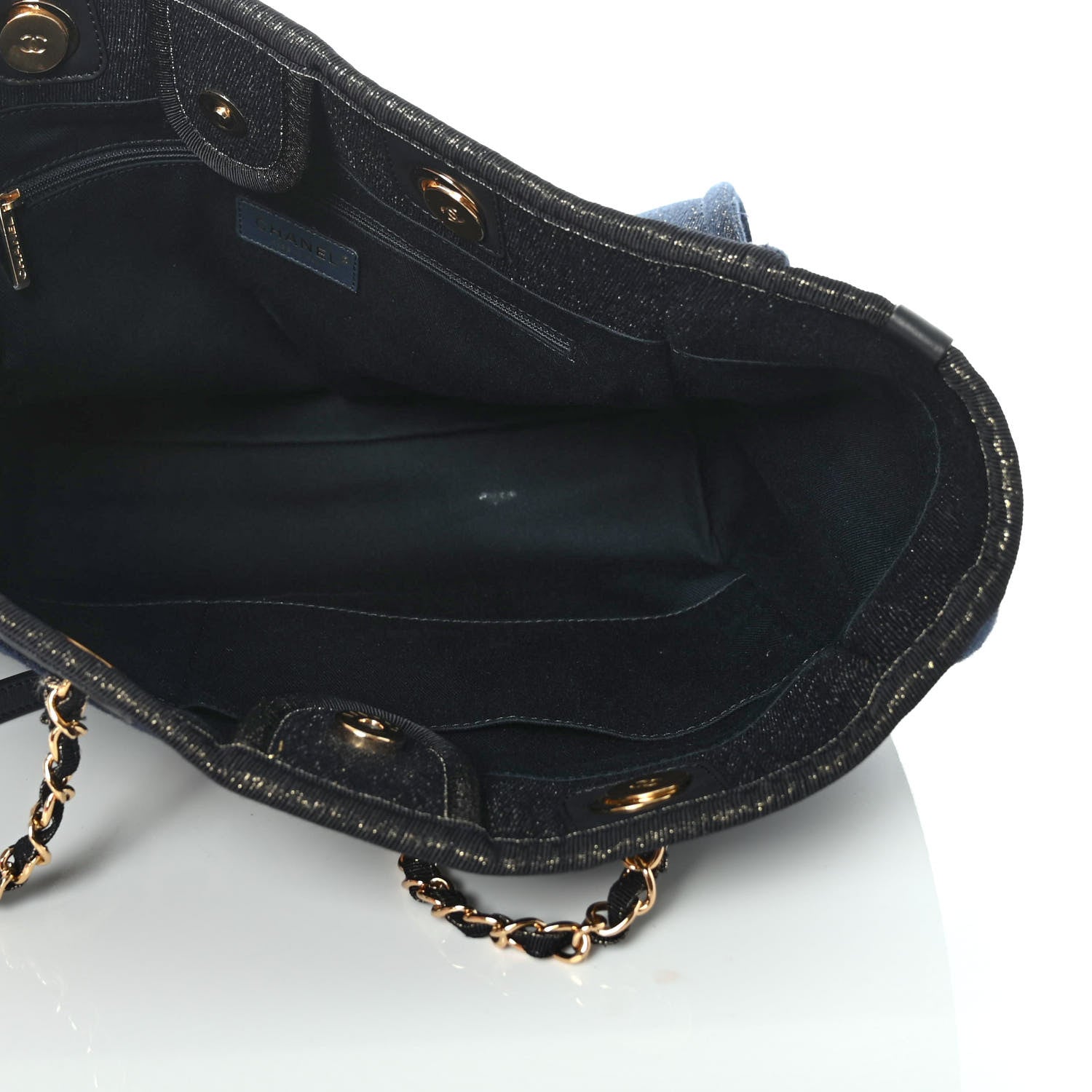 Chanel Lurex Canvas Small Deauville Tote Navy Blue Gold 4 of 4