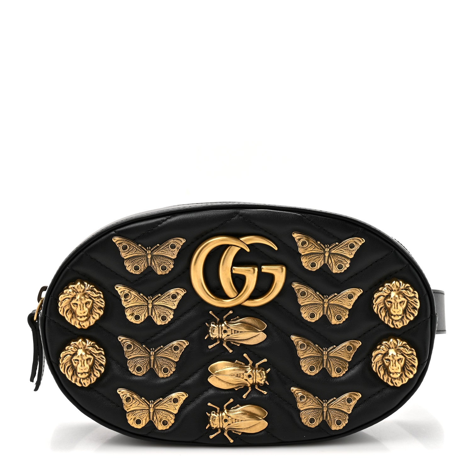 Gucci Calfskin Matelasse Animal Studs GG Marmont Belt Bag 85 34 Black 1 of 9