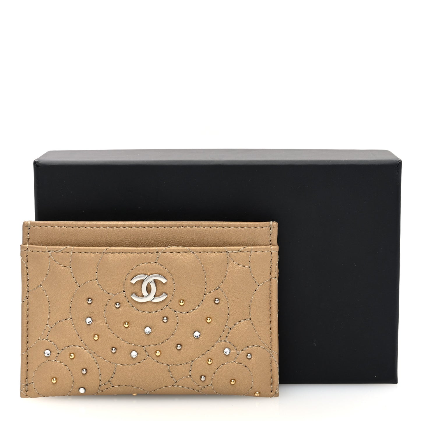 Metallic Lambskin Crystal Camellia Embossed Card Holder Gold