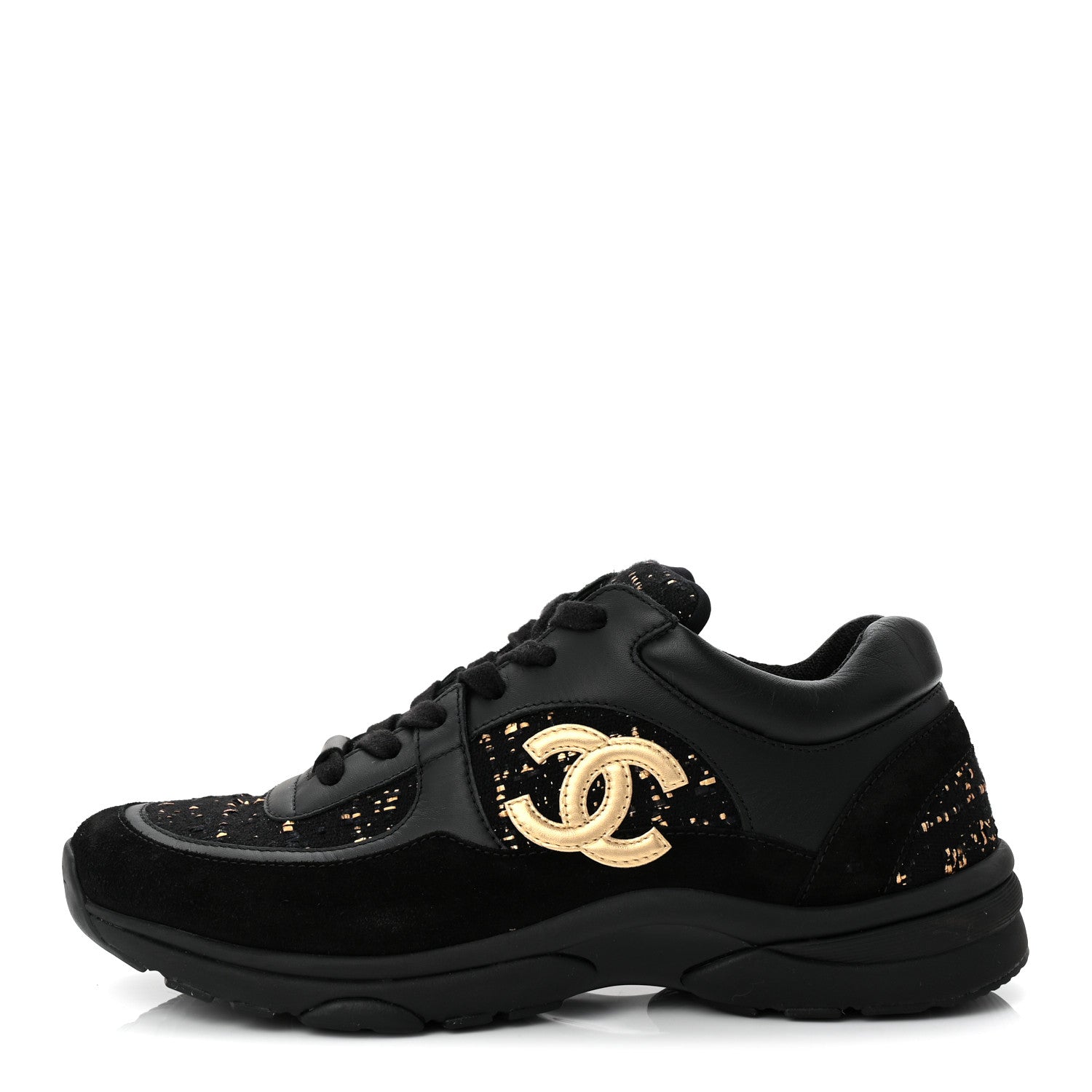 Chanel Suede Tweed Mens CC Sneakers 42 Black Gold 1 of 8