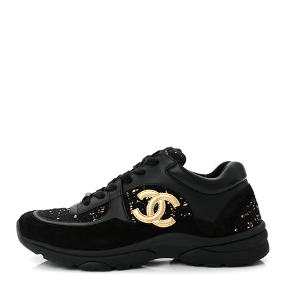 Chanel Suede Tweed Mens CC Sneakers 42 Black Gold 1 of 8