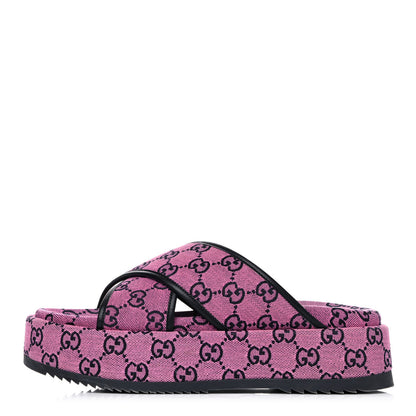 Gucci Monogram Multicolor Criss Cross Platform Slide Sandals 39 Pink Blue 1 of 6