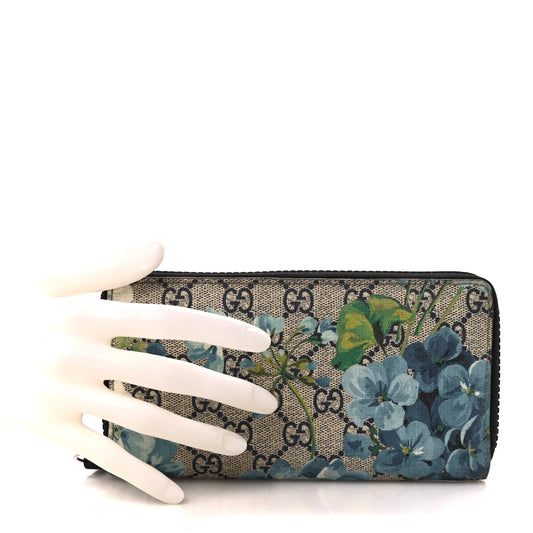 GG Supreme Monogram Blooms Zip Around Wallet Blue