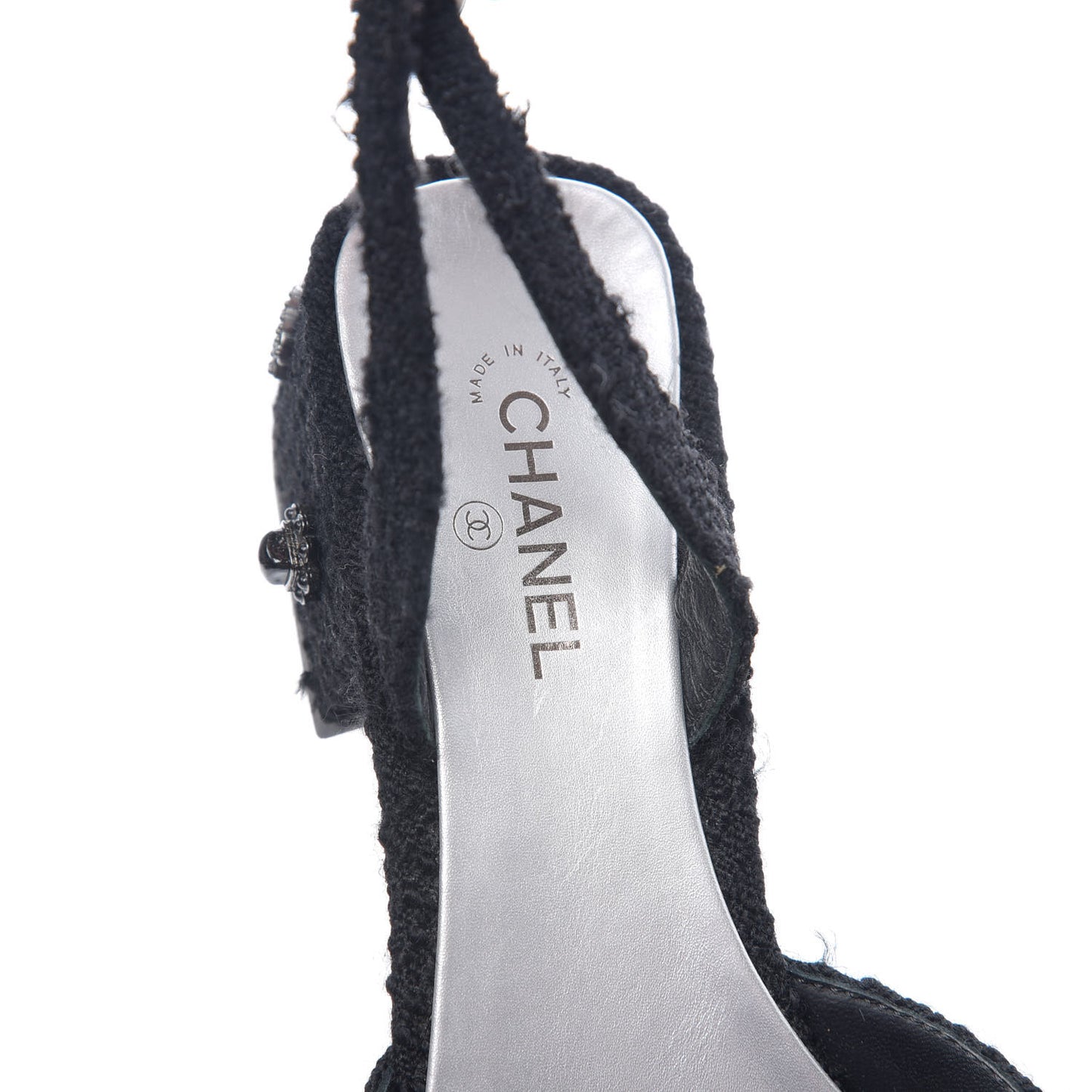 Tweed Iridescent Calfskin Cap Toe CC Slingback Pumps 38.5 Black Silver