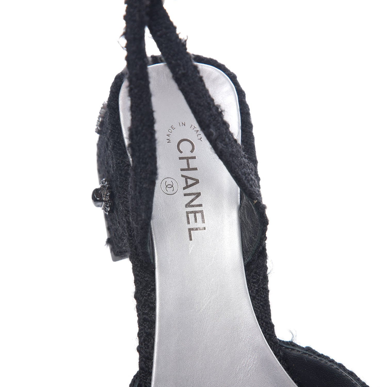 Chanel Tweed Iridescent Calfskin Cap Toe CC Slingback Pumps 38.5 Black Silver 5 of 12