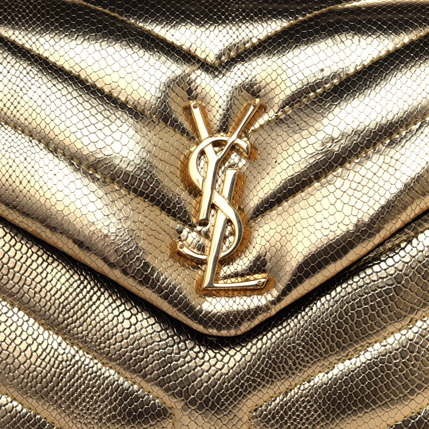 Snake Embossed Lame Y Quilted Small Loulou Monogram Chain Satchel Oro