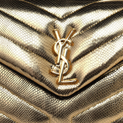 Saint Laurent Snake Embossed Lame Y Quilted Small Loulou Monogram Chain Satchel Oro 8 of 13