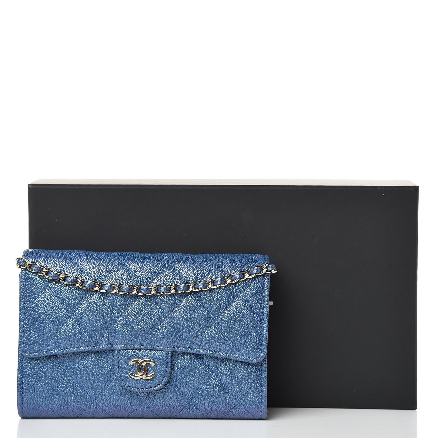 Iridescent Caviar Quilted Classic Clutch With Chain Dark Blue