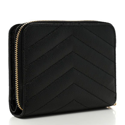 Saint Laurent Grain De Poudre Matelasse Chevron Monogram Compact Zip Around Wallet Black 3 of 7