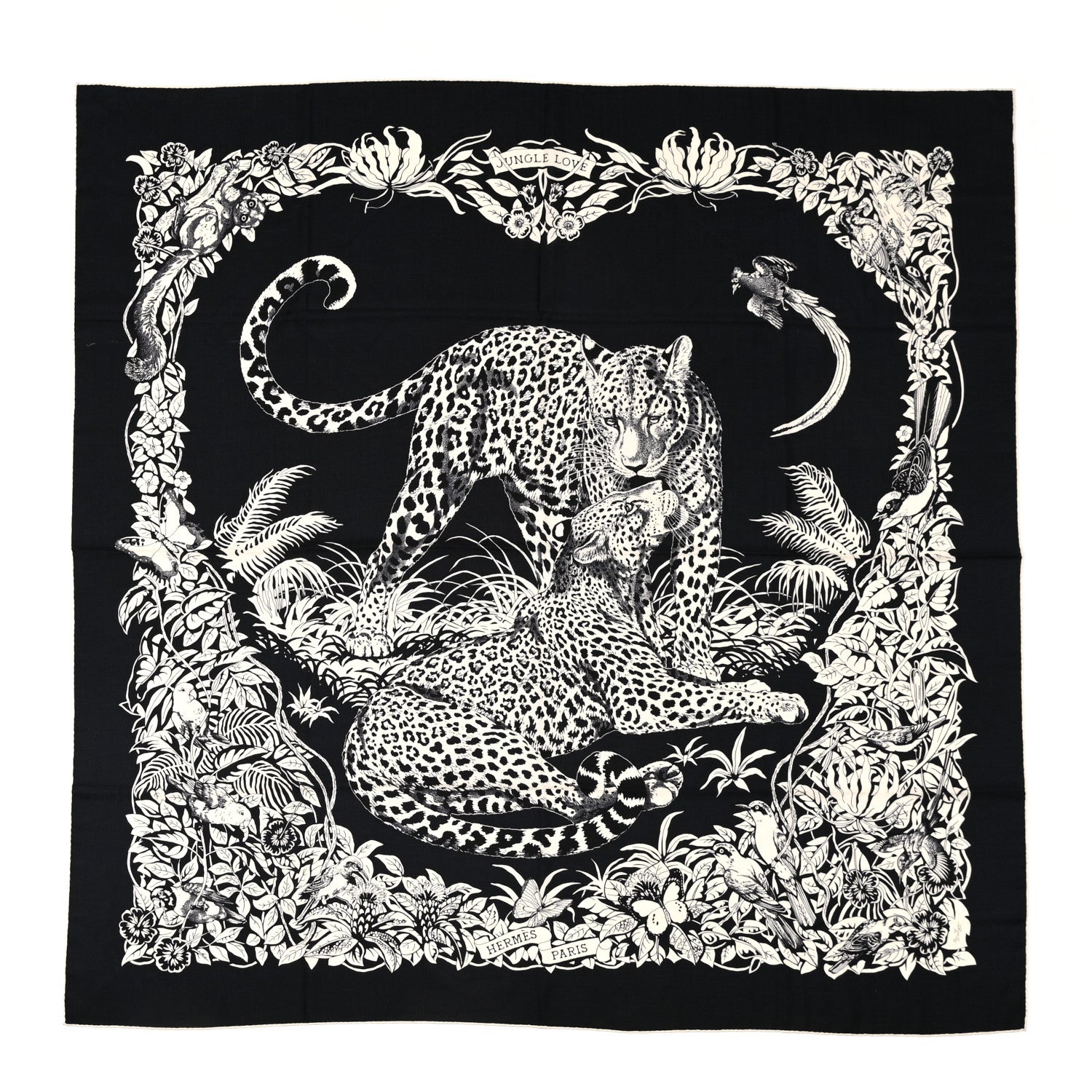 Hermes Cashmere Silk Jungle Love Tattoo Shawl 140 Bleu Black White 1 of 9