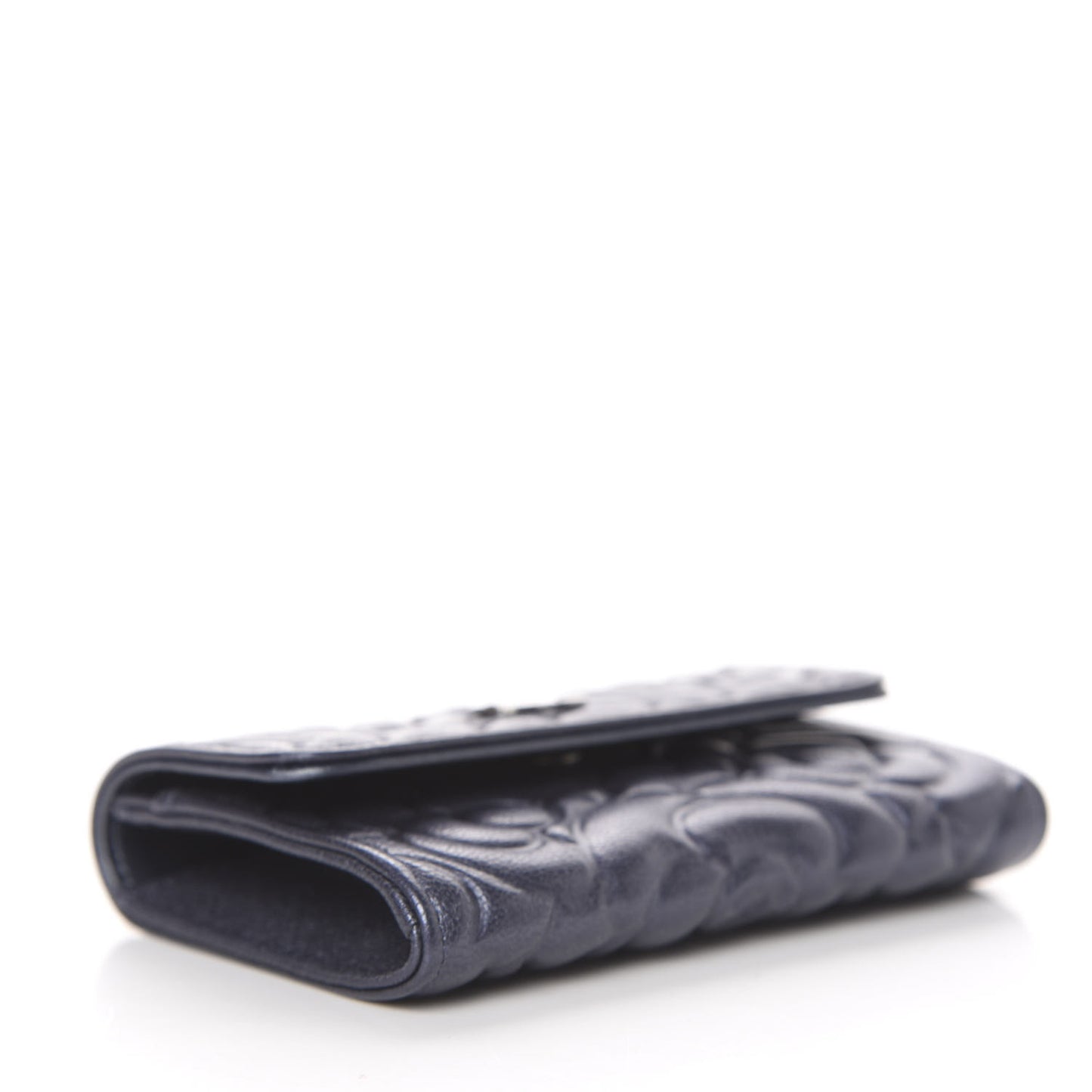 Goatskin Camellia Embossed Flap Card Holder Wallet Grey