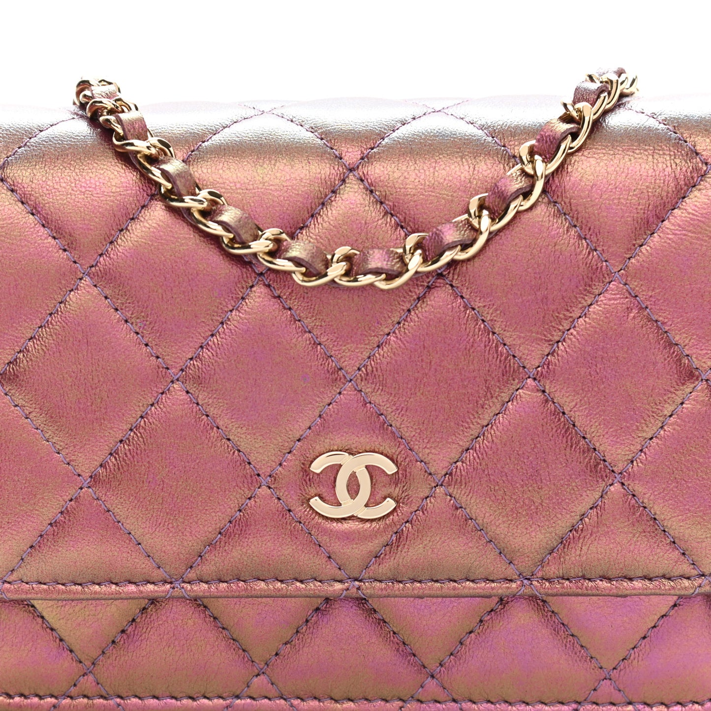 Iridescent Lambskin Quilted Mini Wallet On Chain WOC Purple