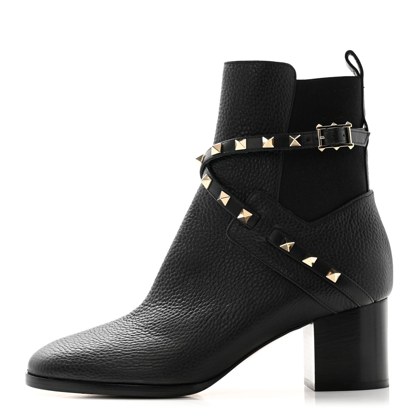 Pebbled Calfskin Rockstud Double Buckle 70mm Block Heel Ankle Boots 38.5 Black