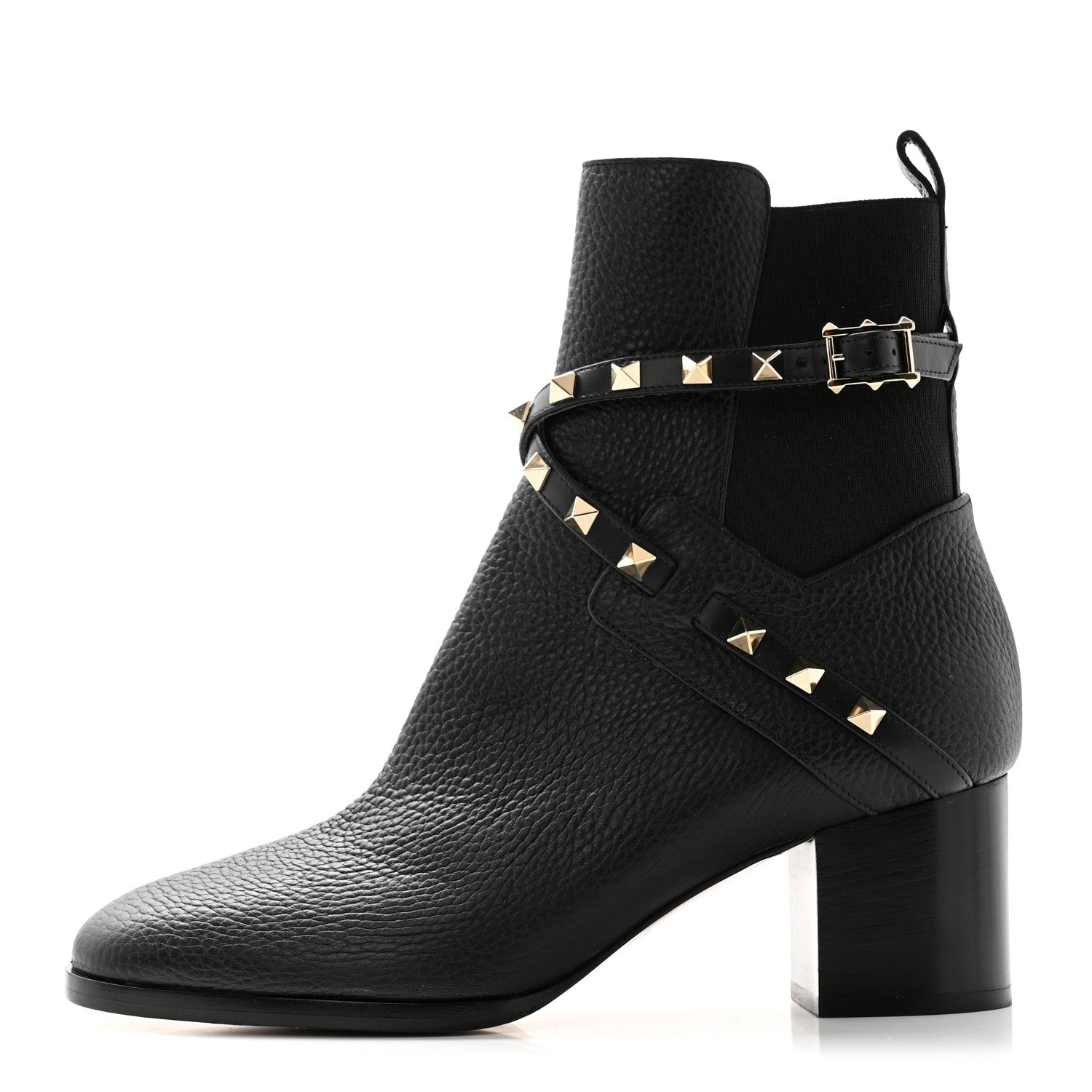 Valentino Garavani Pebbled Calfskin Rockstud Double Buckle 70mm Block Heel Ankle Boots 38.5 Black 1 of 9