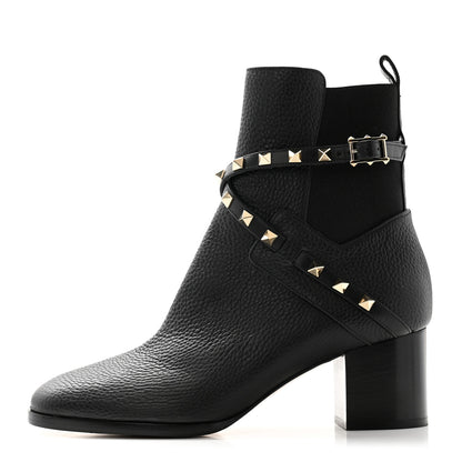 Valentino Garavani Pebbled Calfskin Rockstud Double Buckle 70mm Block Heel Ankle Boots 38.5 Black 1 of 9