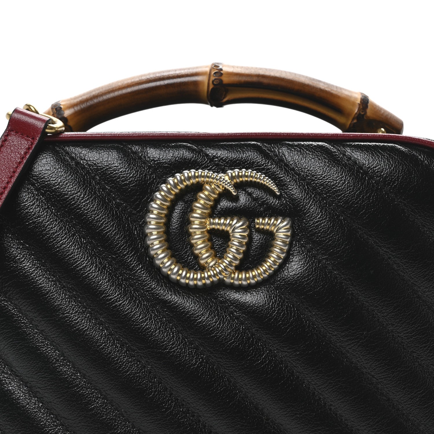 Gucci Vintage Effect Calfskin Matelasse Diagonal Small Torchon GG Marmont Bamboo Top Handle Shoulder Bag Black Romantic Cherry 8 of 10