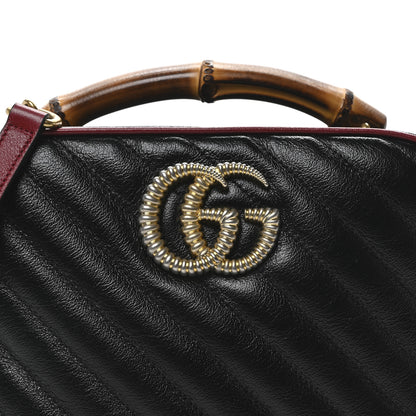 Gucci Vintage Effect Calfskin Matelasse Diagonal Small Torchon GG Marmont Bamboo Top Handle Shoulder Bag Black Romantic Cherry 8 of 10