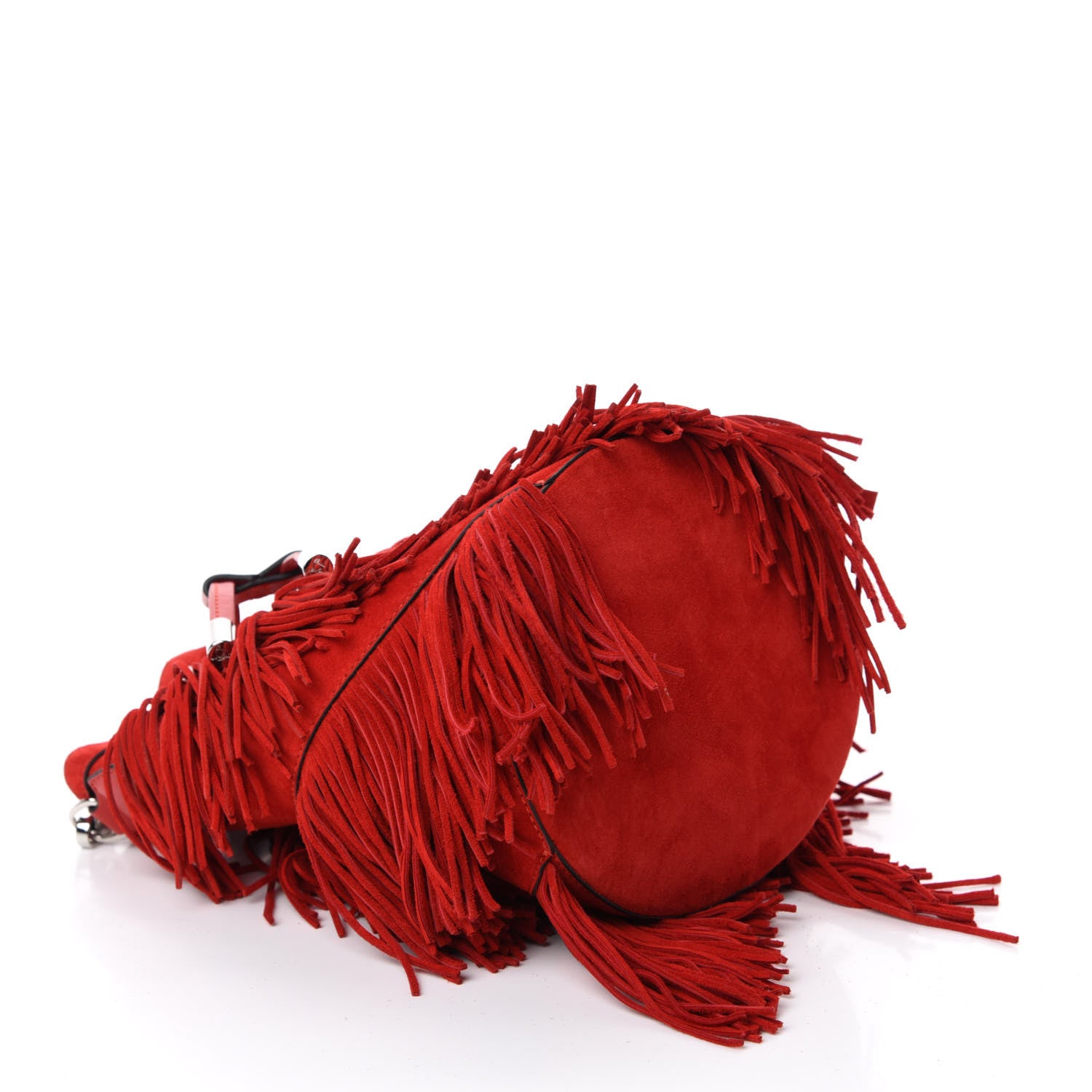 Christian Louboutin Suede Calfskin Fringe Marie Jane Bucket Red 4 of 10