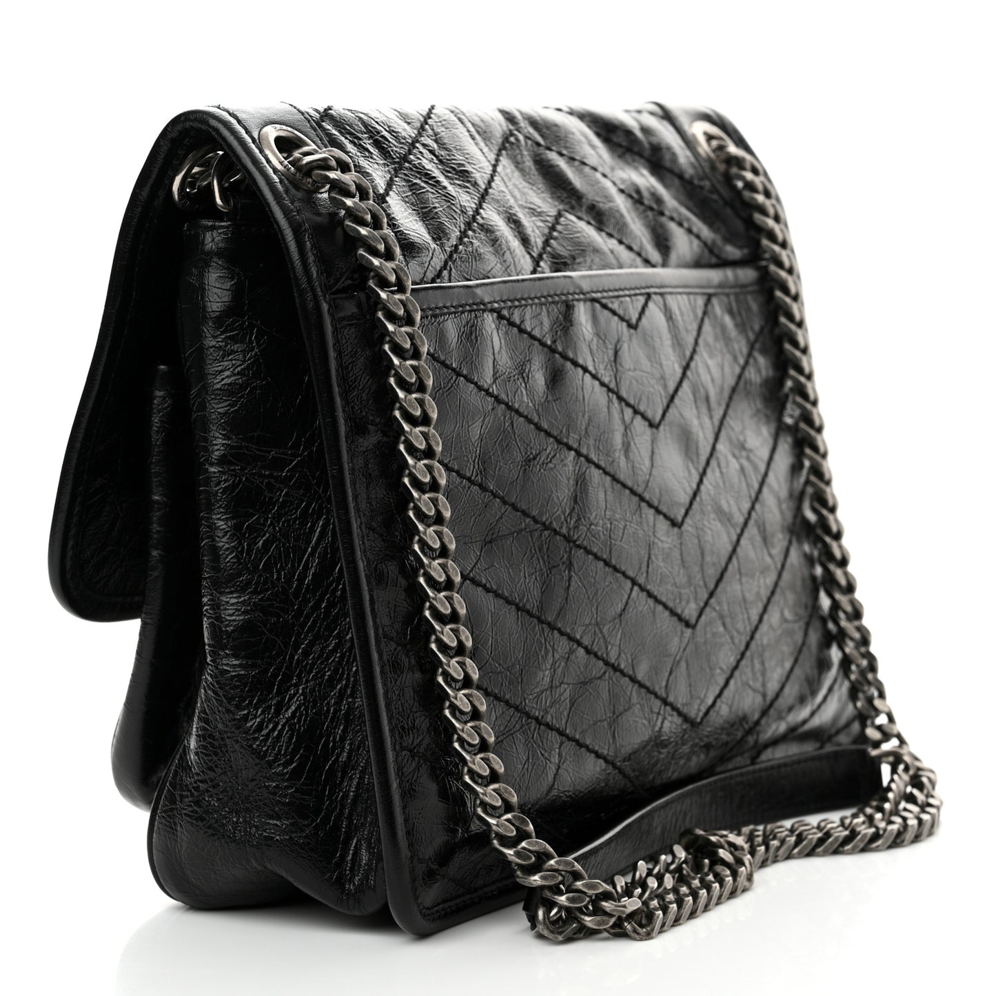 Crinkled Calfskin Matelasse Monogram Medium Niki Chain Satchel Black