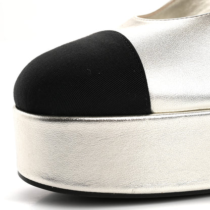 Chanel Laminated Lambskin Grosgrain Cap Toe CC Mary Jane Pumps 38 Silver Black 14 of 14
