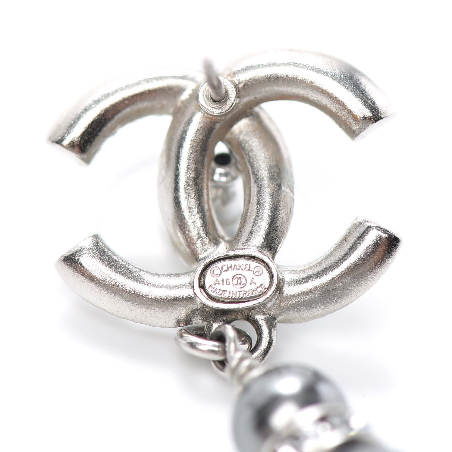 Chanel Crystal Pearl CC Drop Earrings Silver Grey 4 of 4