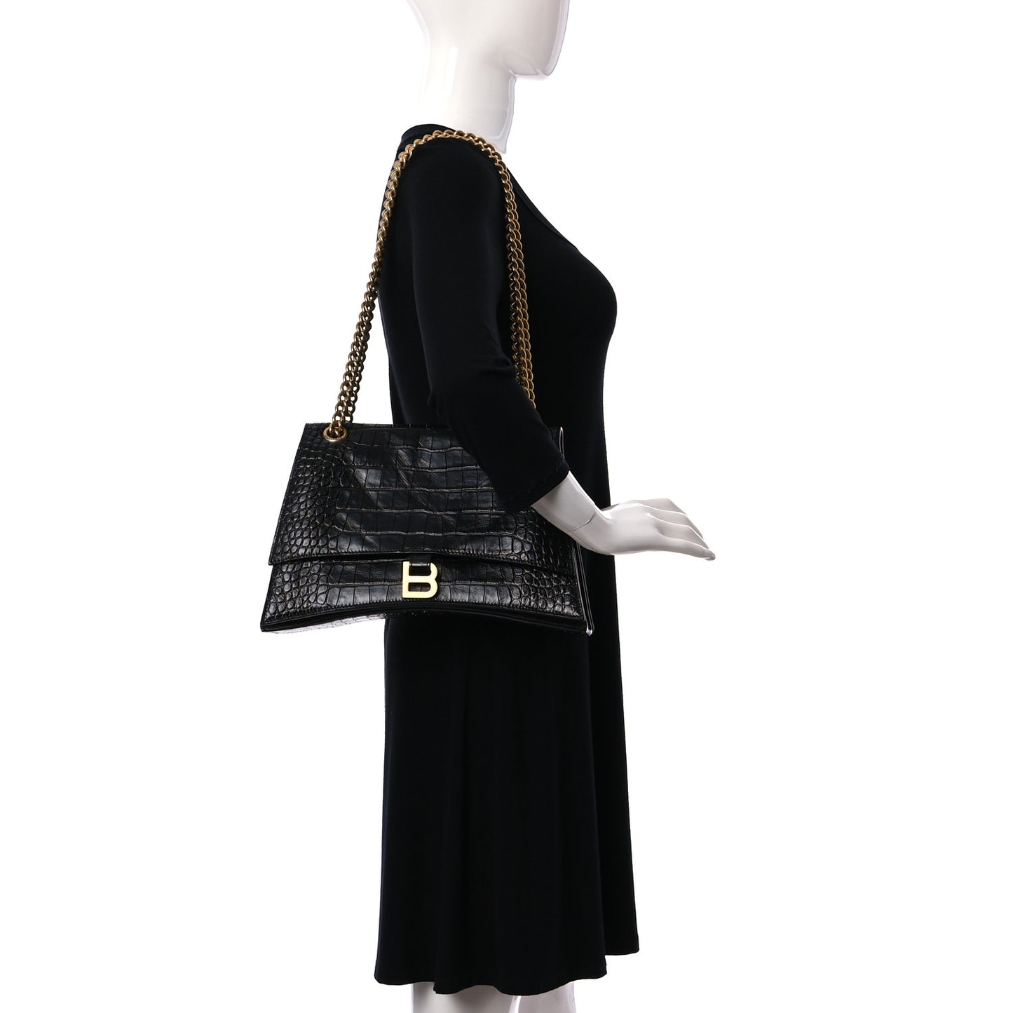 Extra Supple Calfskin Crocodile Embossed Medium Crush Chain Bag Black