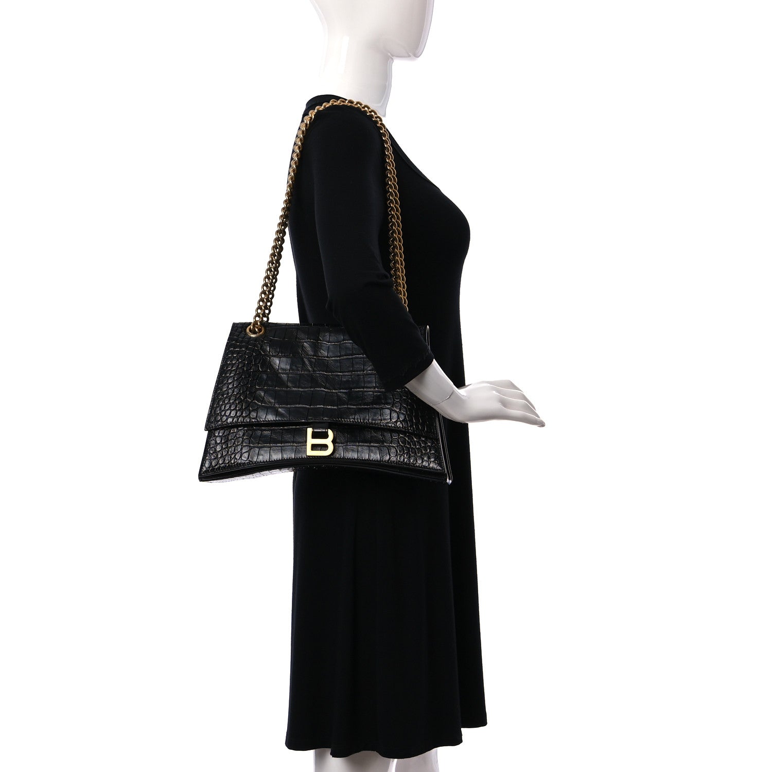 Balenciaga Extra Supple Calfskin Crocodile Embossed Medium Crush Chain Bag Black 3 of 11