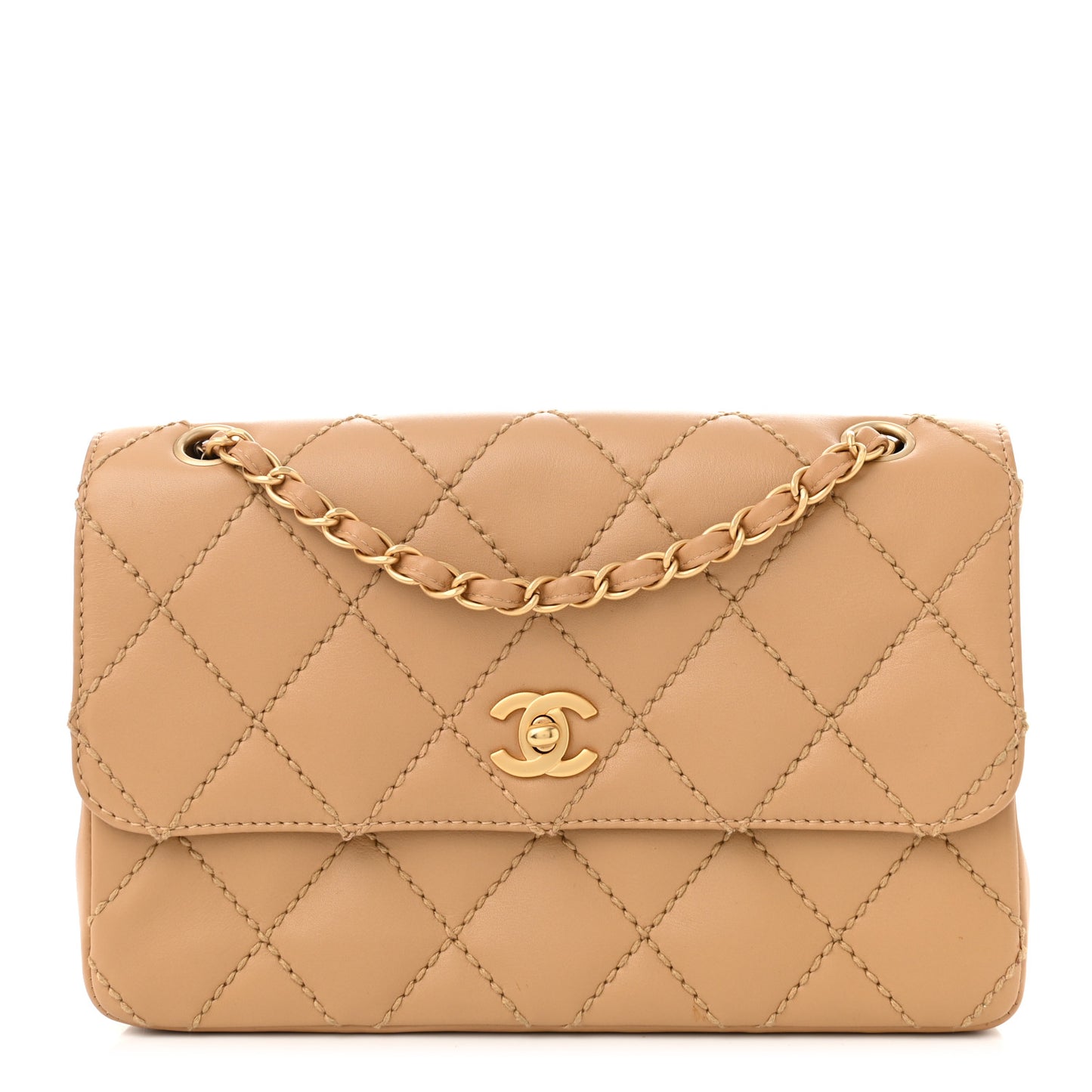 Calfskin Quilted Medium Wild Stitch Flap Beige