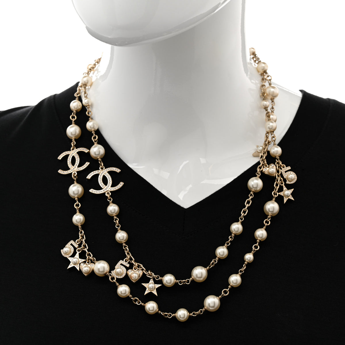 Crystal Pearl CC Long Necklace Silver