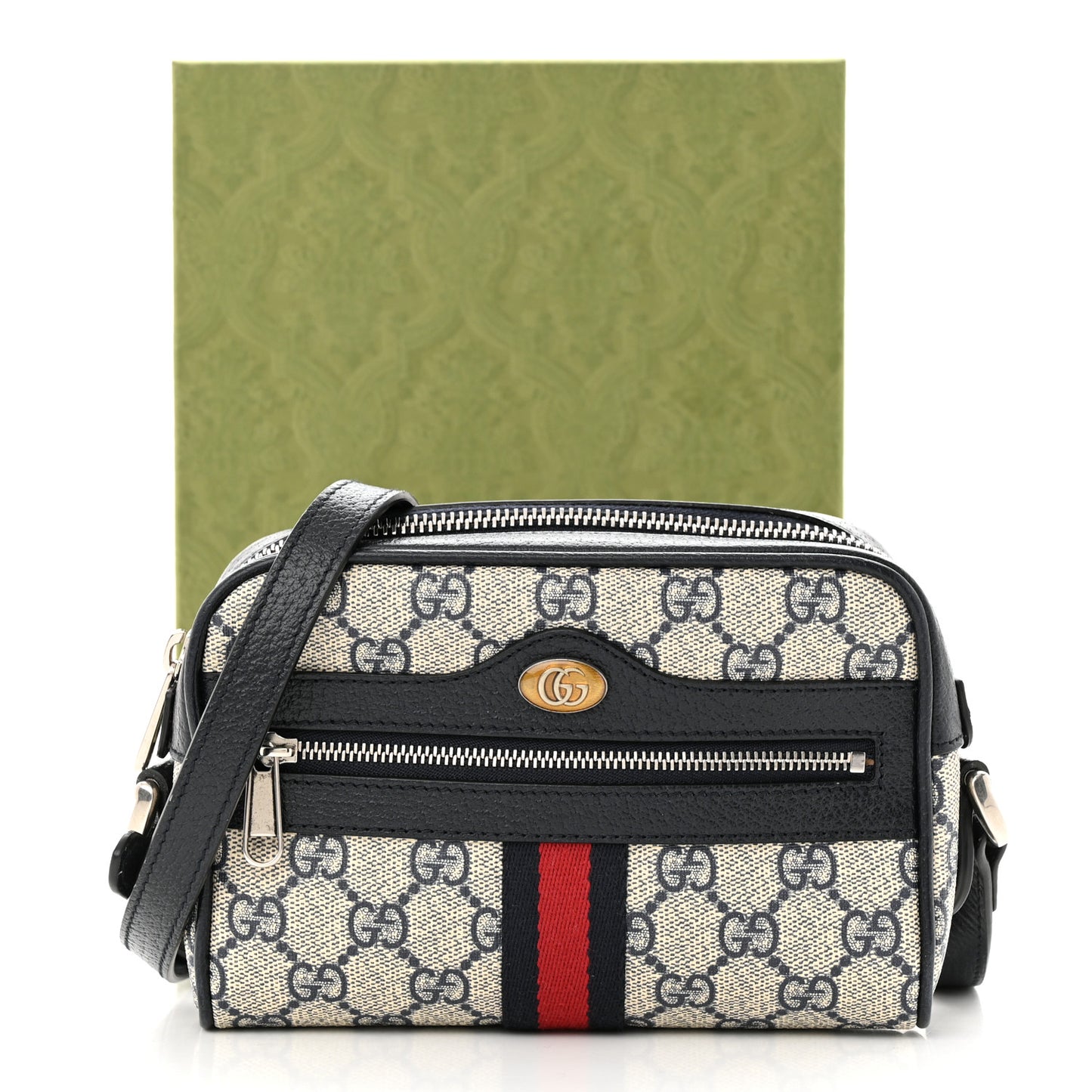 GG Supreme Monogram Textured Dollar Calfskin Web Mini Ophidia Shoulder Bag Beige Blue