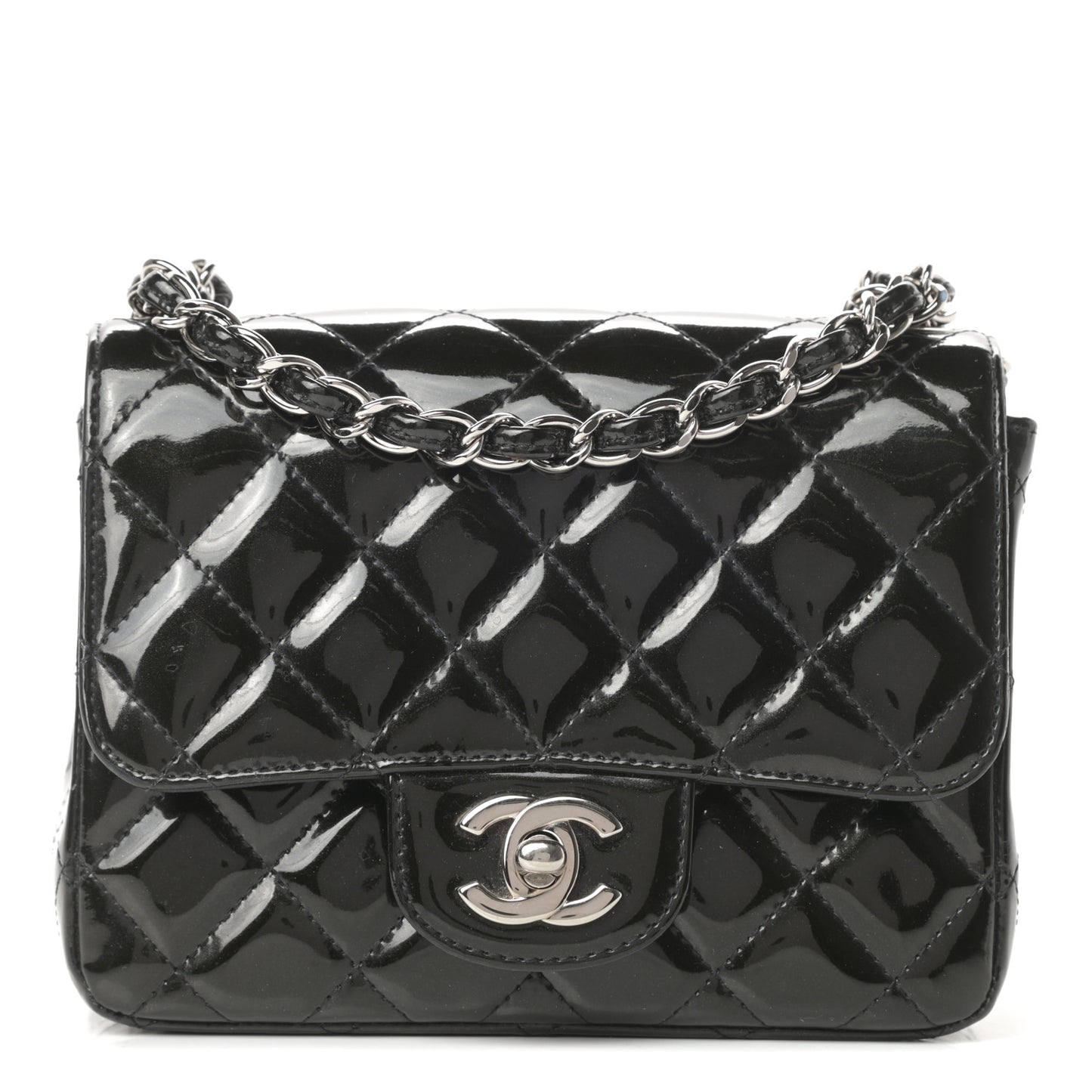Patent Calfskin Sparkle Quilted Mini Square Flap Black