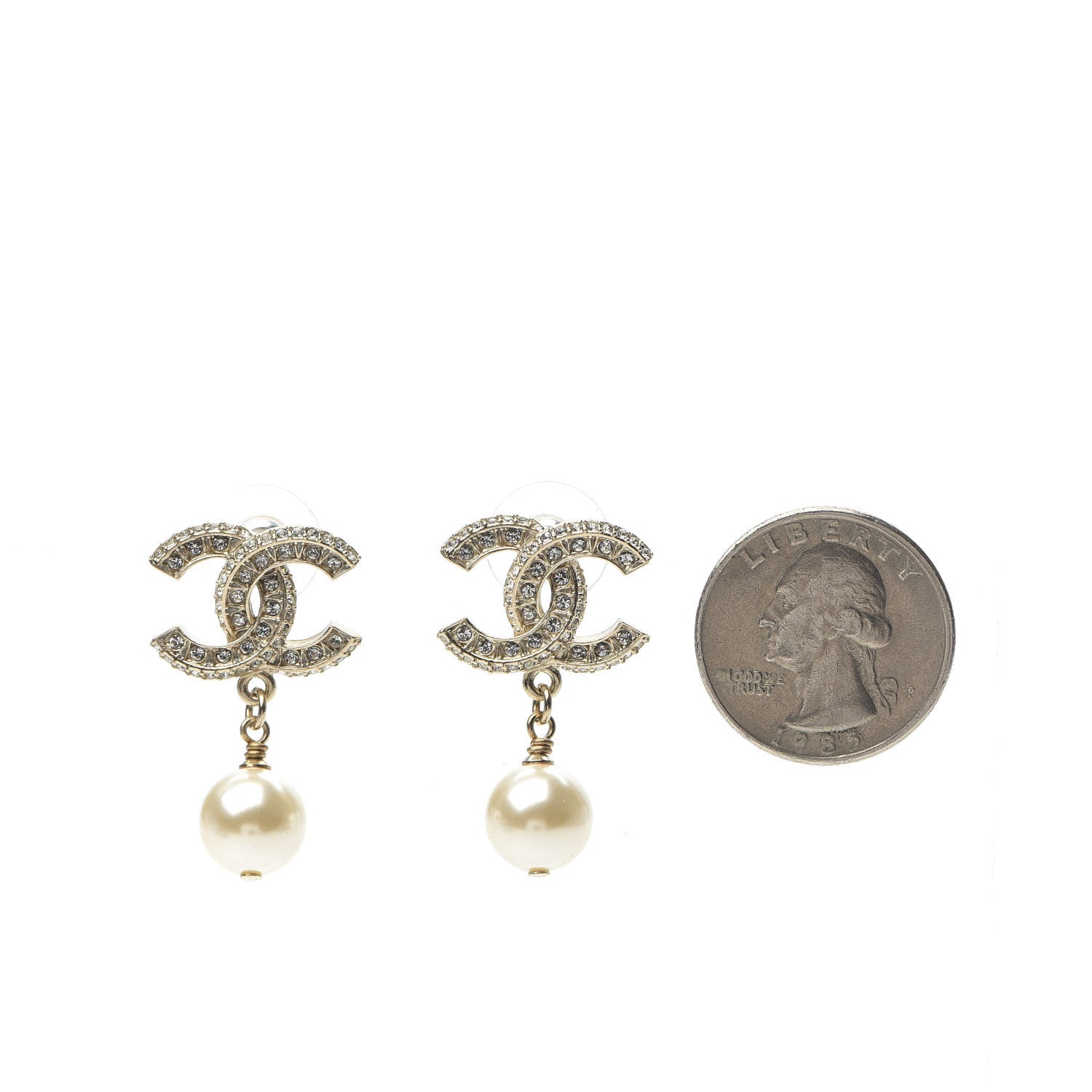 Chanel Crystal Pearl CC Drop Earrings Gold 2 of 5