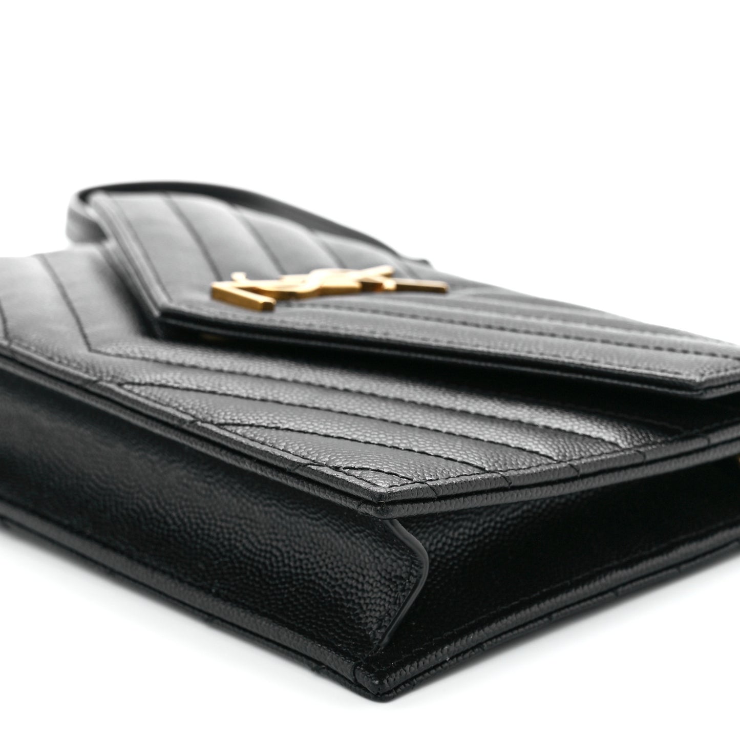 Grain De Poudre Matelasse Chevron Monogram Envelope Chain Wallet Black