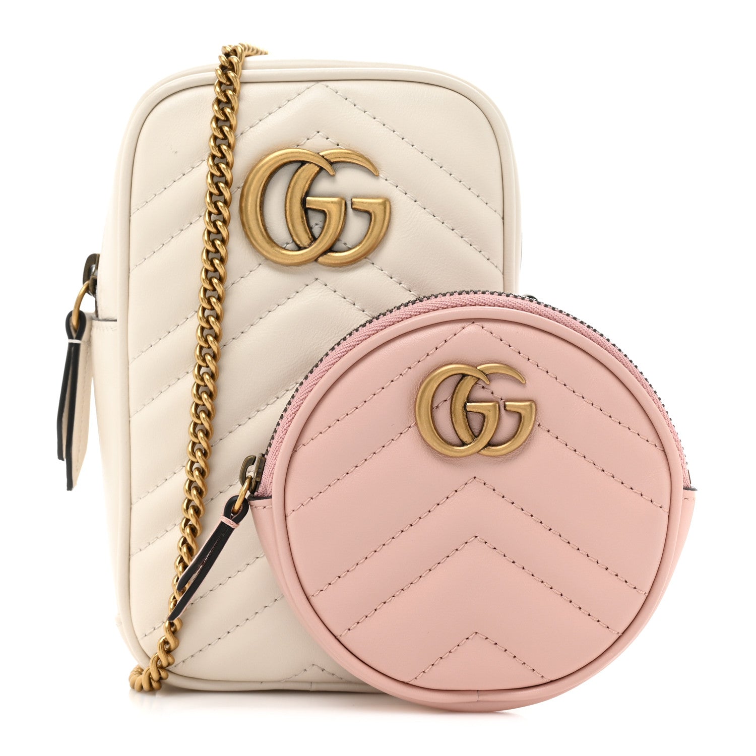 Gucci Calfskin Matelasse GG Marmont Mini Bag Coin Purse Mystic White Perfect Pink 1 of 12