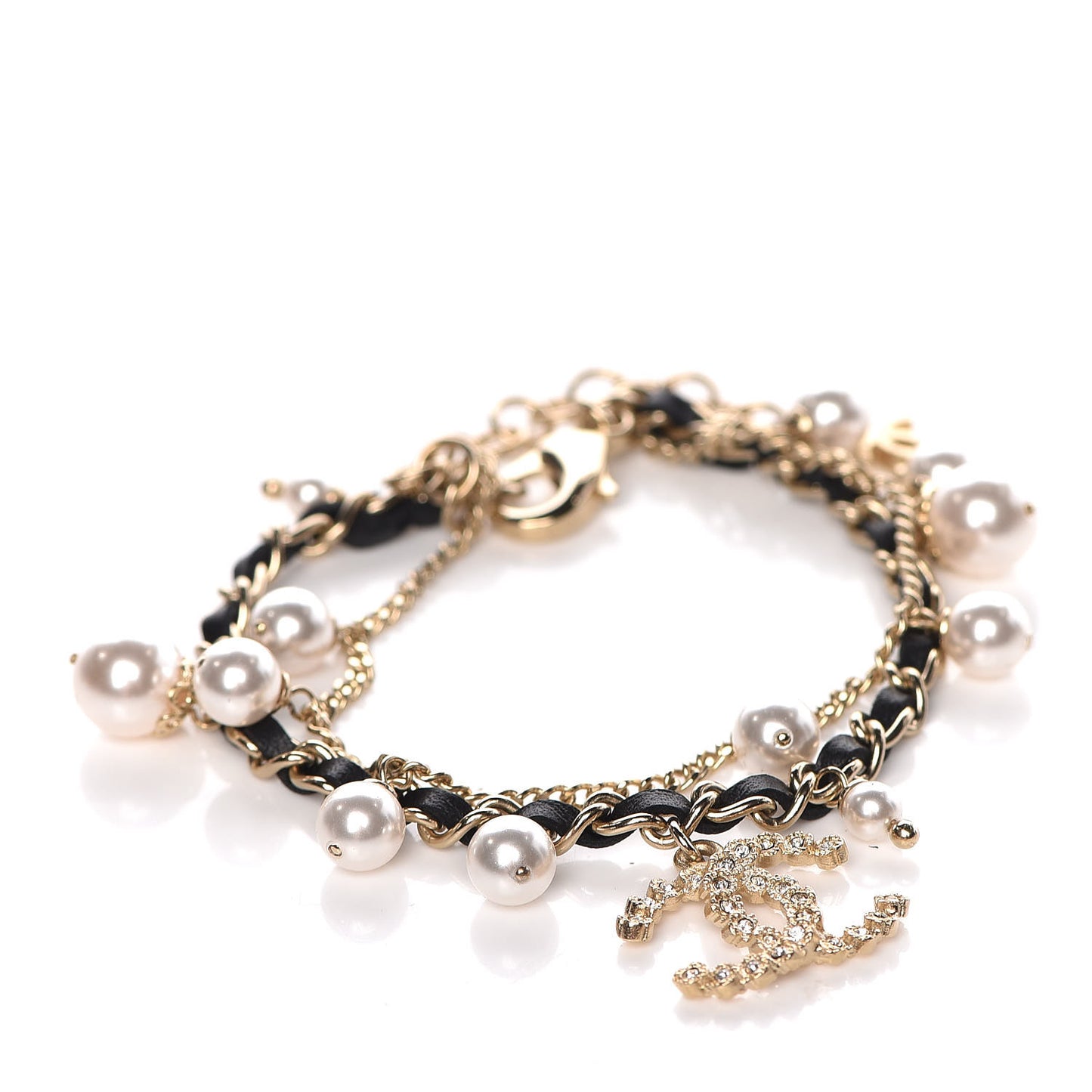 Lambskin Pearl Crystal Chain CC Bracelet Black Gold