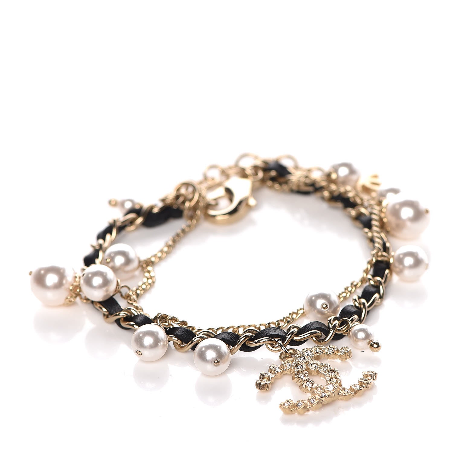 Chanel Lambskin Pearl Crystal Chain CC Bracelet Black Gold 1 of 5