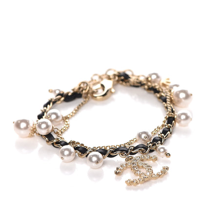 Chanel Lambskin Pearl Crystal Chain CC Bracelet Black Gold 1 of 5