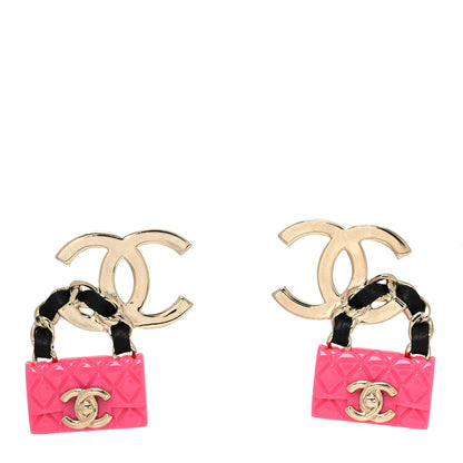 Chanel Calfskin Metal Resin CC Quilted Flap Earrings Gold Black Pink 1 of 4